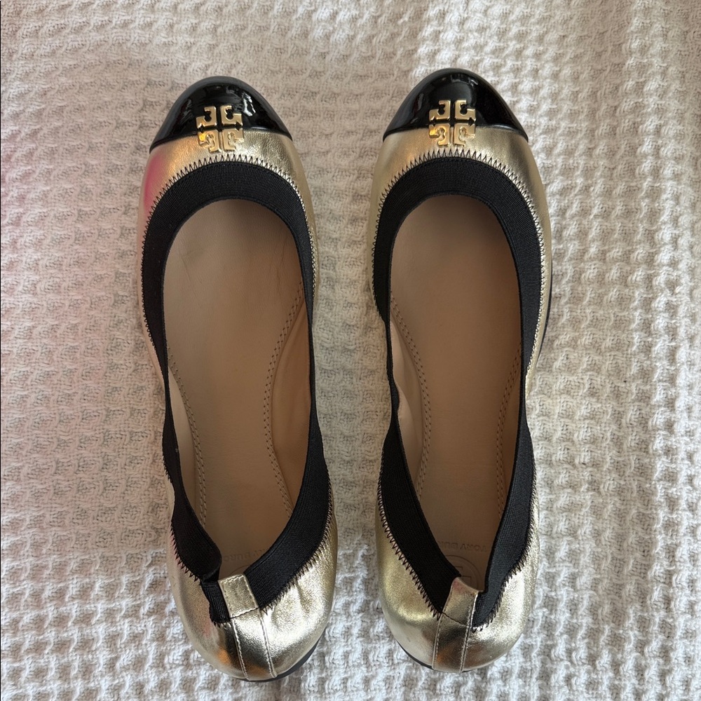 Tory Burch Metallic Gold and Black Flats